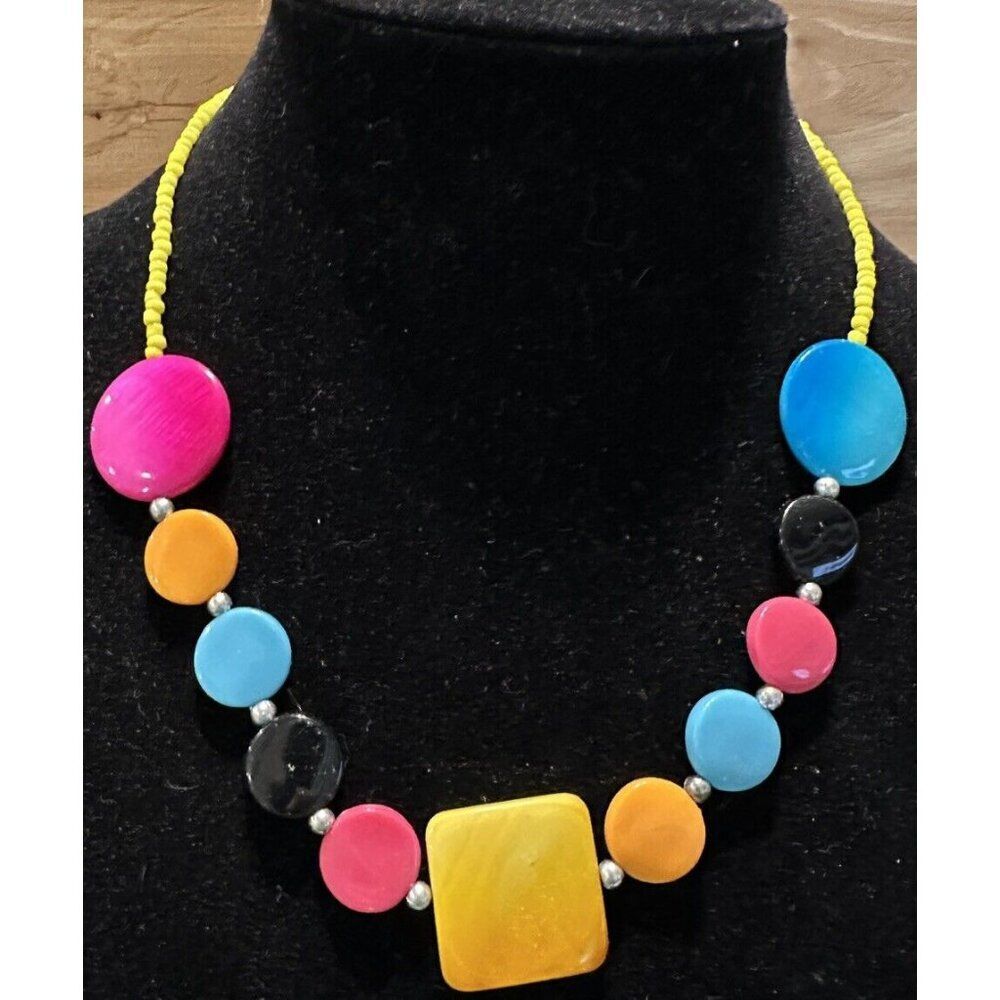 Silver Tone 80s Colorful Beaded Necklace  Statement 19-21” Long